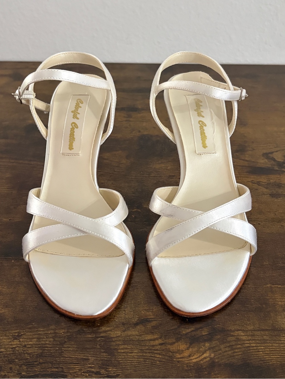 Colorful Creations | Classic White Strappy Heeled Sandals with Ankle Buckle | 7